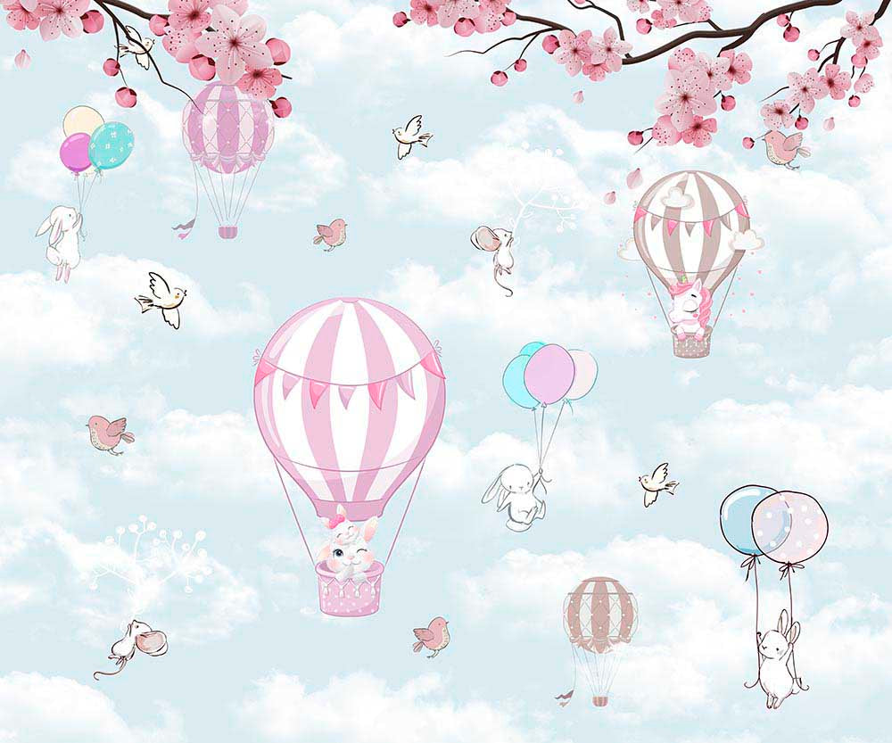 Kids Wall Murals Hot Air Balloons in Clouds Pink Cherry Blossom Wallpaper for Kids