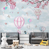 Kids Wall Murals Hot Air Balloons in Clouds Pink Cherry Blossom Wallpaper for Kids