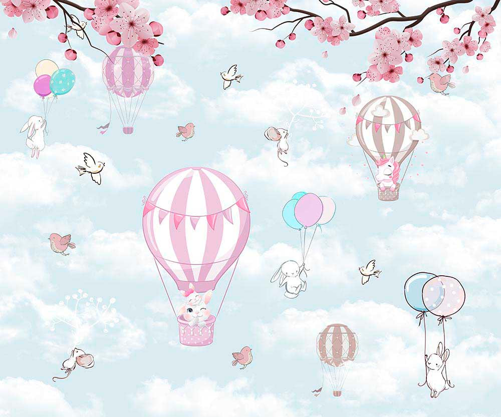 Kirschblüten-Heißluftballons-Tapete – Kinder-Fototapete mit Hasen