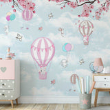 Kids Wall Murals Hot Air Balloons in Clouds Pink Cherry Blossom Wallpaper for Kids