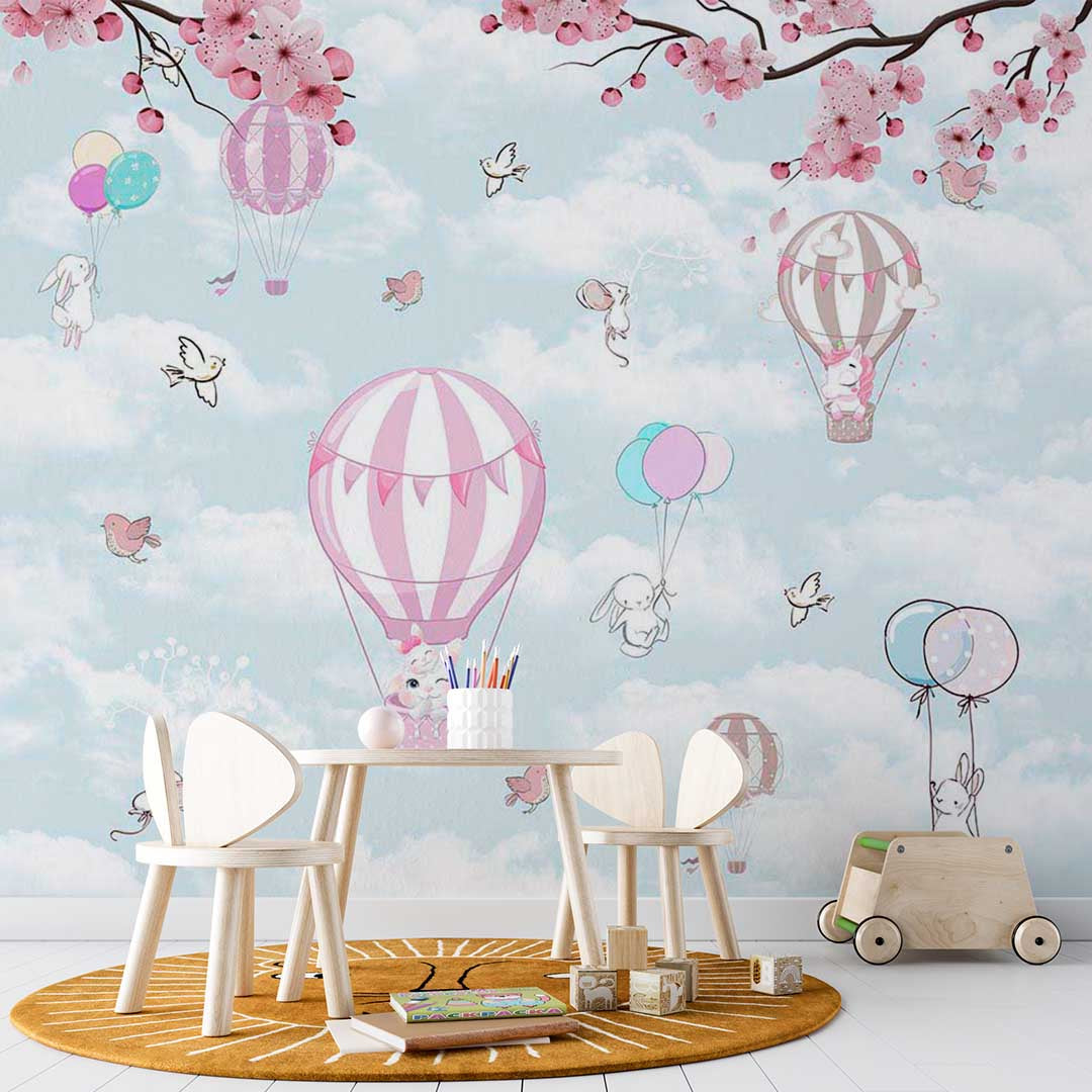 Kids Wall Murals Hot Air Balloons in Clouds Pink Cherry Blossom Wallpaper for Kids