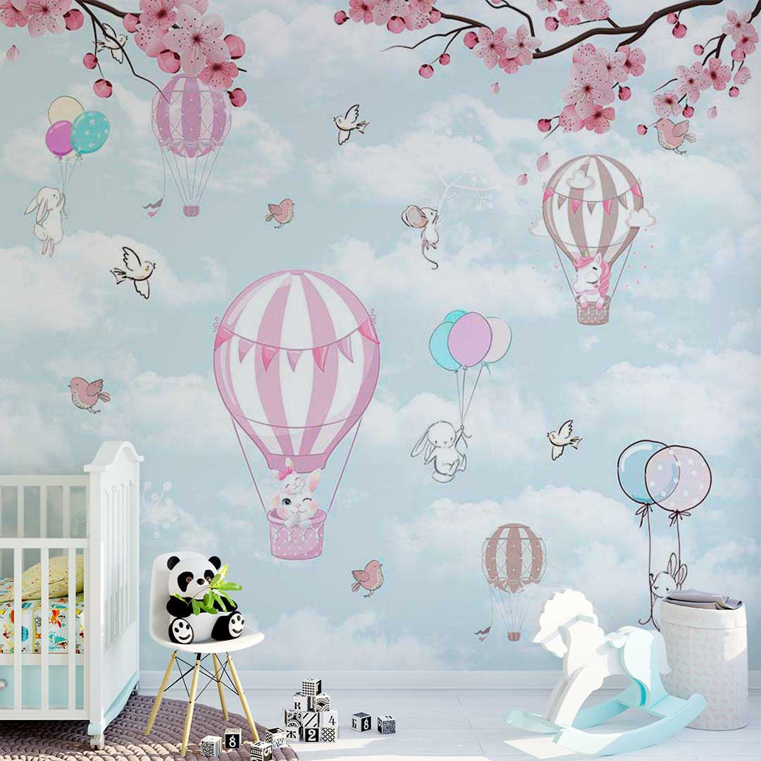 Kids Wall Murals Hot Air Balloons in Clouds Pink Cherry Blossom Wallpaper for Kids