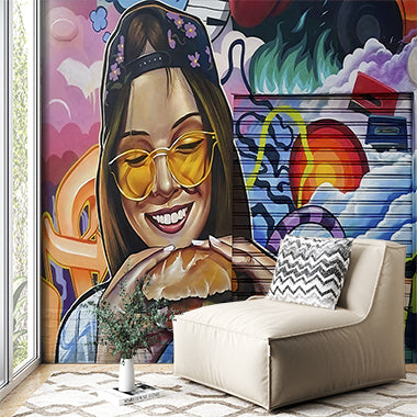 Colorful Urban Street Art Mural - Girl with Burger in Graffiti Style Wall Mural Wallpaper