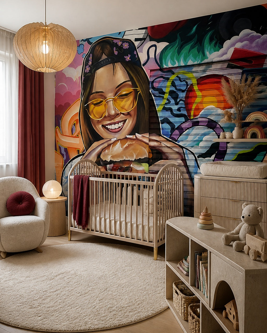 Graffiti girl with burger wallpaper in a modern nursery with a crib.