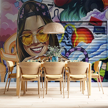 Colorful Urban Street Art Mural - Girl with Burger in Graffiti Style Wall Mural Wallpaper