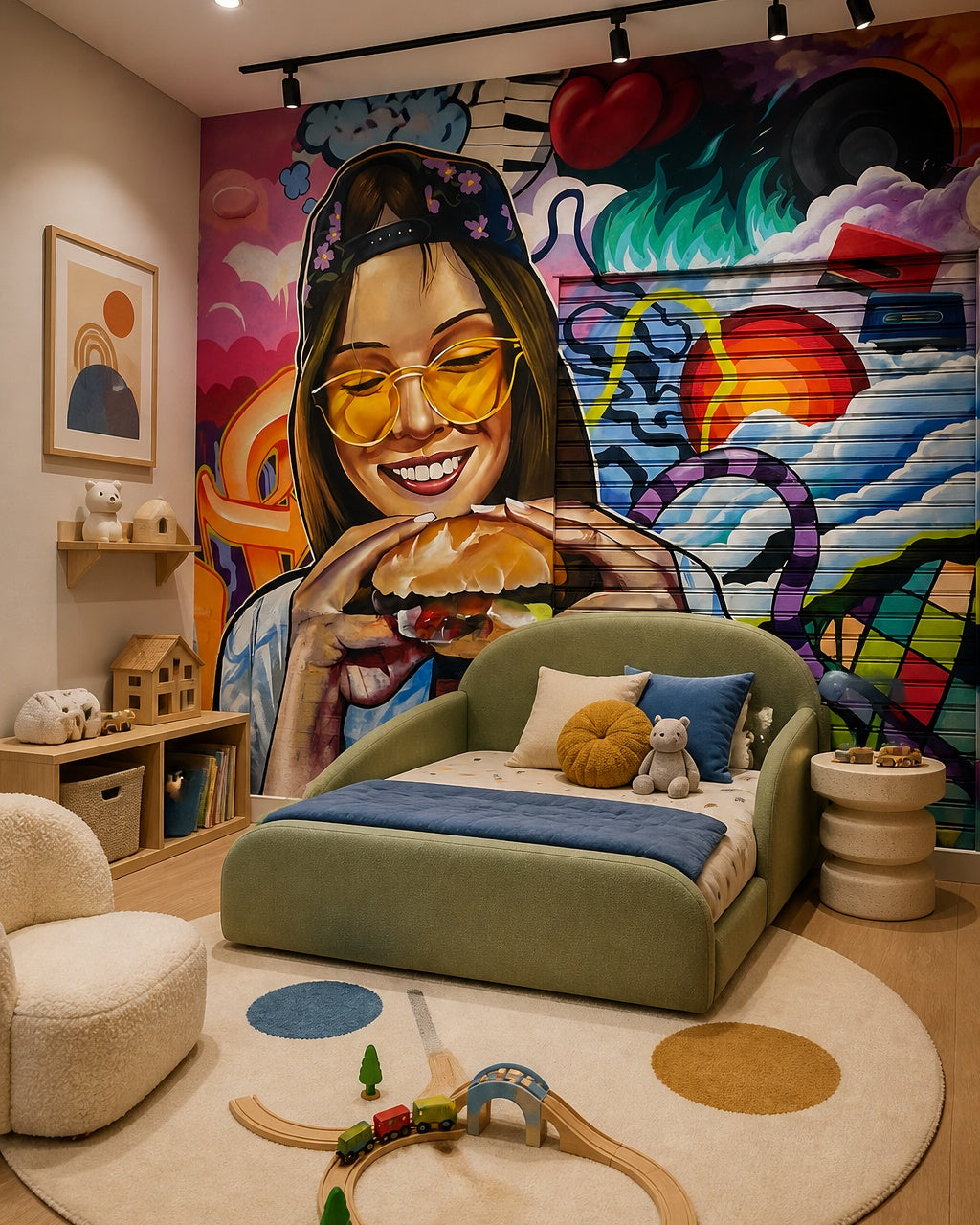 Graffiti girl with burger wallpaper in a toddler bedroom with a child-sized bed.