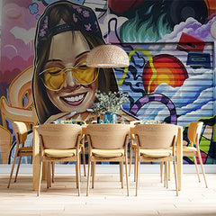 Custom Colorful Urban Street Art Mural - Girl with Burger in Graffiti Style Wall Mural Wallpaper