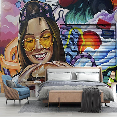 Custom Colorful Urban Street Art Mural - Girl with Burger in Graffiti Style Wall Mural Wallpaper