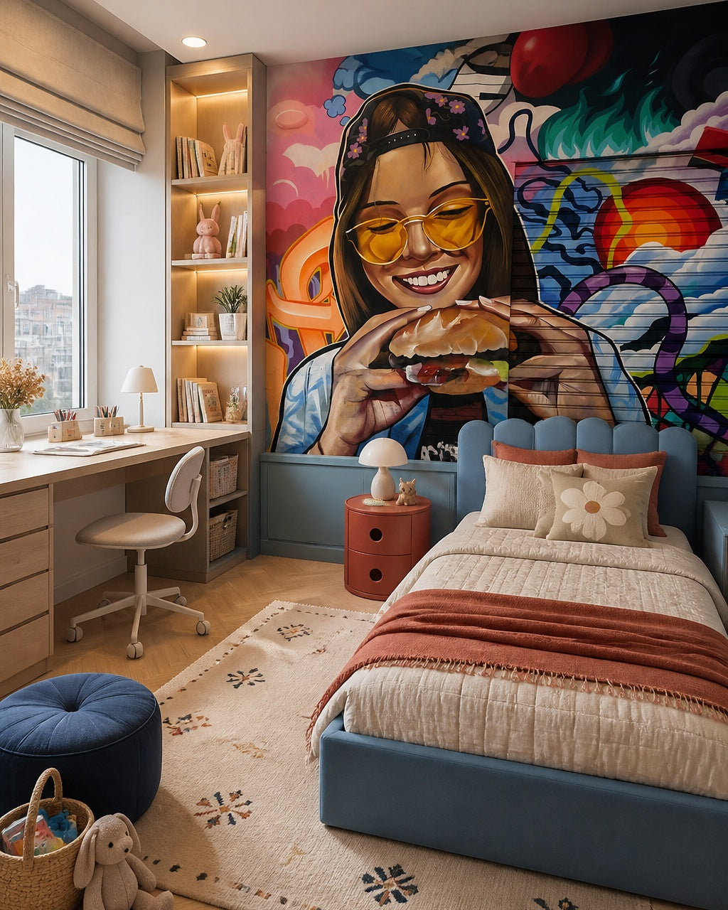 Graffiti girl with burger wallpaper in a girl’s bedroom.