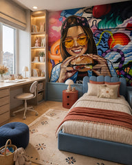 Graffiti girl with burger wallpaper in a girl’s bedroom.
