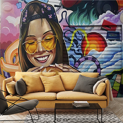 Colorful Urban Street Art Mural - Girl with Burger in Graffiti Style Wall Mural Wallpaper