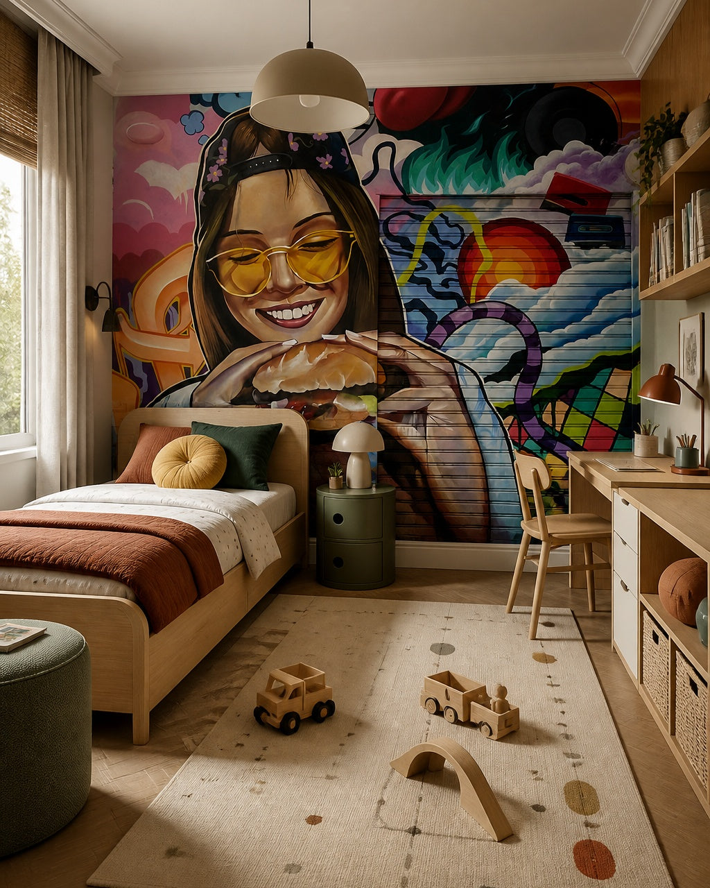 Graffiti girl with burger wallpaper in a boy’s bedroom.
