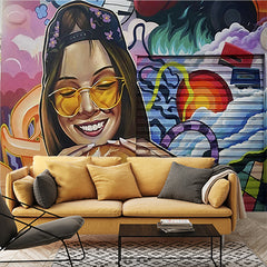 Custom Colorful Urban Street Art Mural - Girl with Burger in Graffiti Style Wall Mural Wallpaper