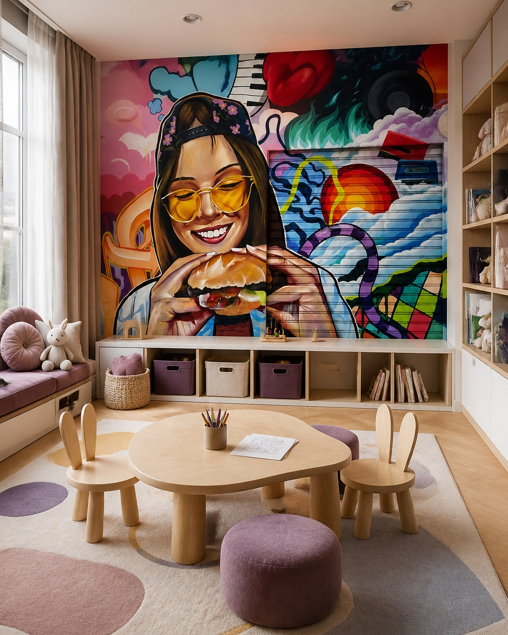Graffiti girl with burger wallpaper in a children’s playroom.