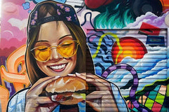 Custom Colorful Urban Street Art Mural - Girl with Burger in Graffiti Style Wall Mural Wallpaper