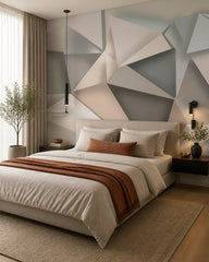 Abstract origami geometric wallpaper in a designer bedroom.