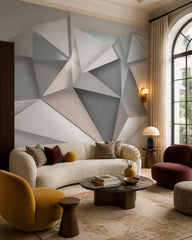 Abstract origami geometric wallpaper in a designer living room.
