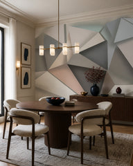 Abstract origami geometric wallpaper in a refined dining area.