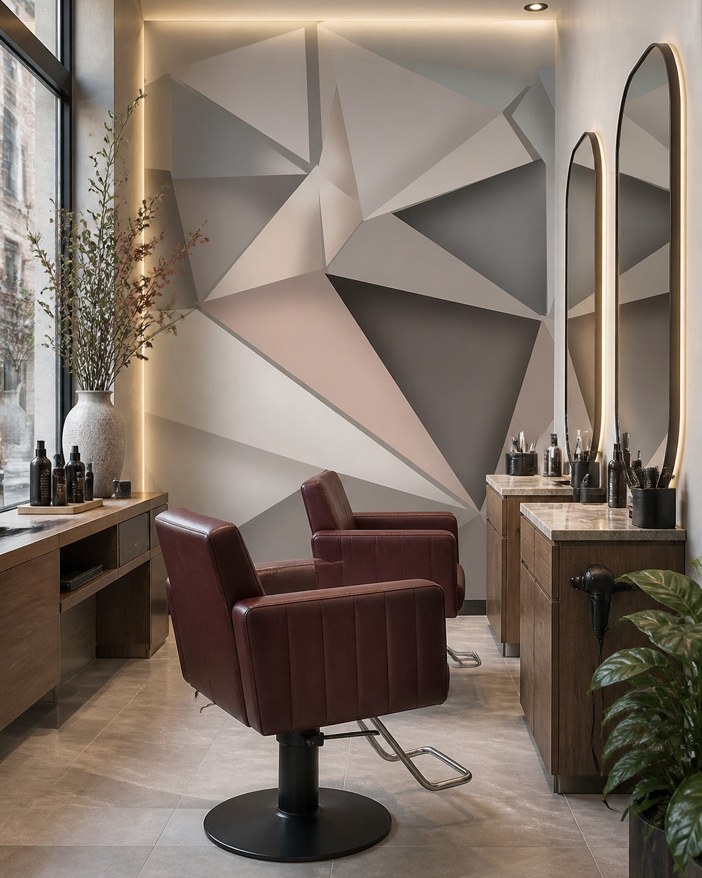 Abstract origami geometric wallpaper in a beauty salon.