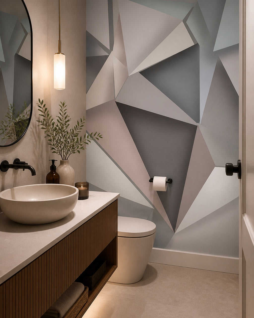 Abstract origami geometric wallpaper in an elegant powder room.