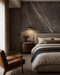 Dark grey marble wallpaper in a designer bedroom.