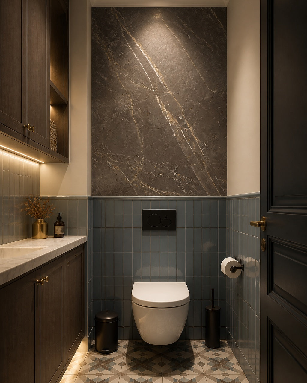 Dark grey marble wallpaper in a luxury bathroom.