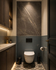 Dark grey marble wallpaper in a luxury bathroom.
