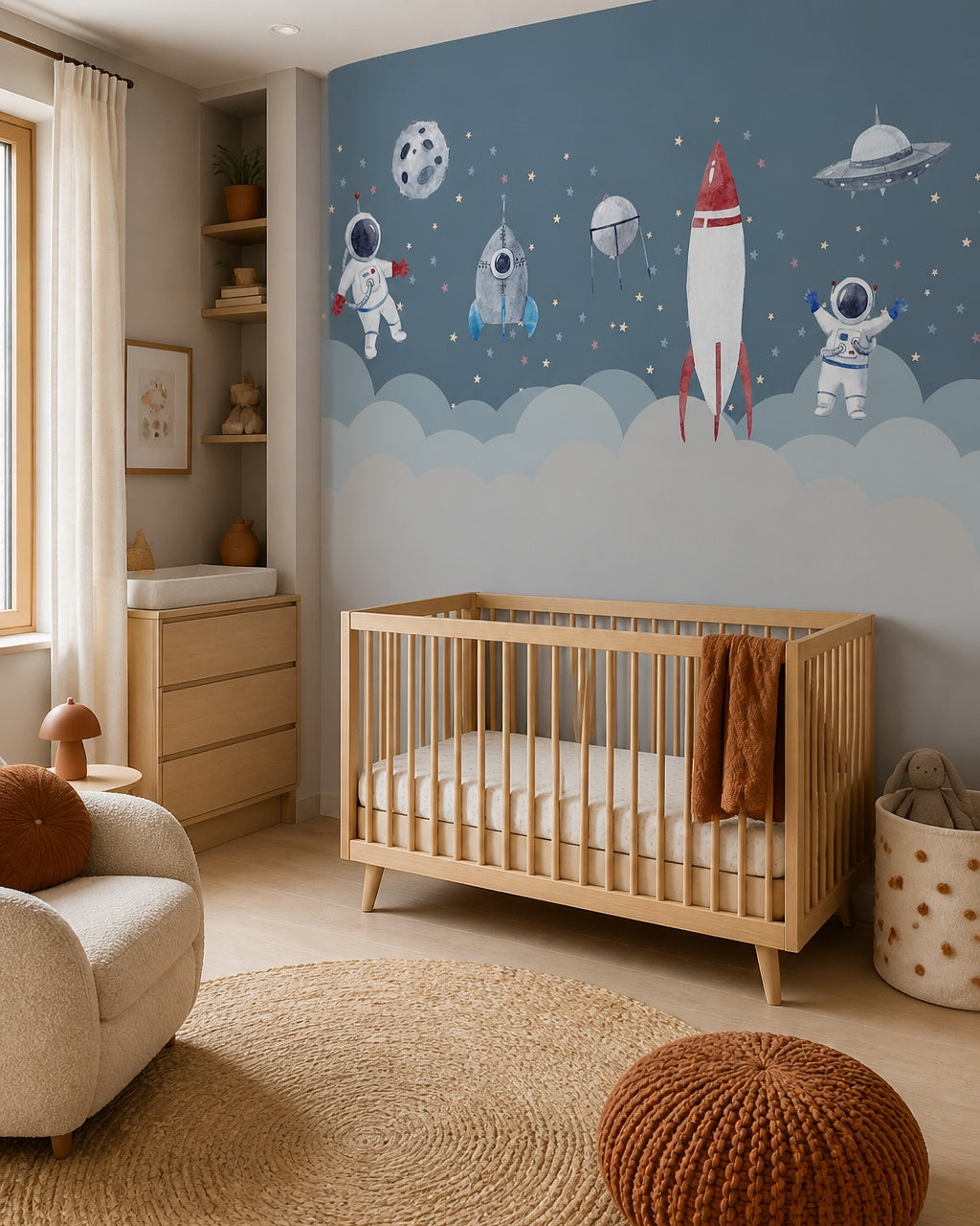 Astronauts and rockets among the stars wallpaper in a modern nursery with a crib.