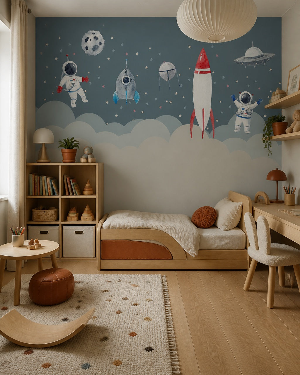 Astronauts and rockets among the stars wallpaper in a toddler bedroom with a child-sized bed.