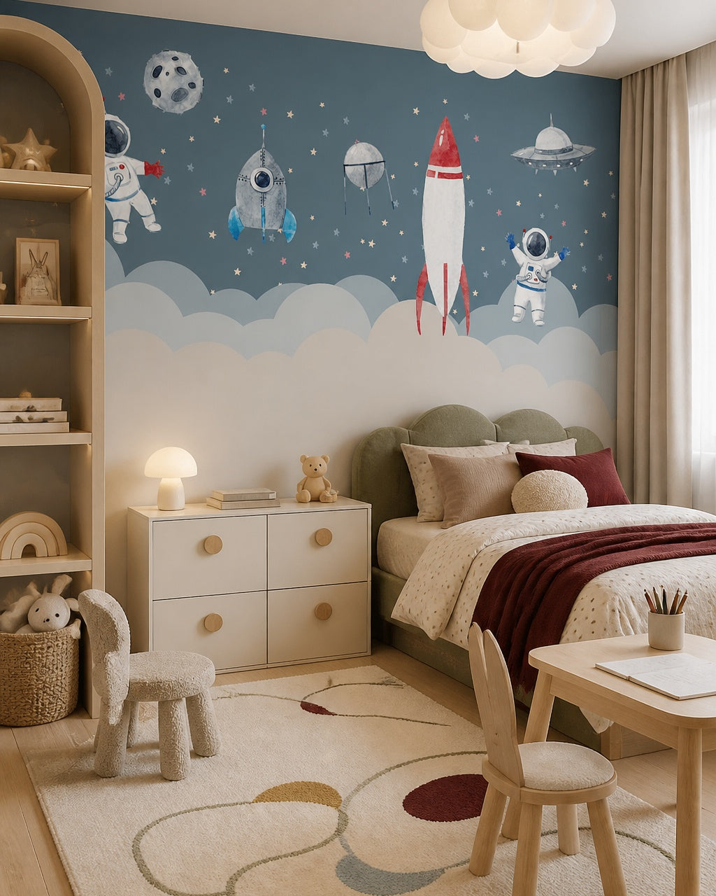 Astronauts and rockets among the stars wallpaper in a girl’s bedroom.