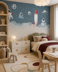 Astronauts and rockets among the stars wallpaper in a girl’s bedroom.
