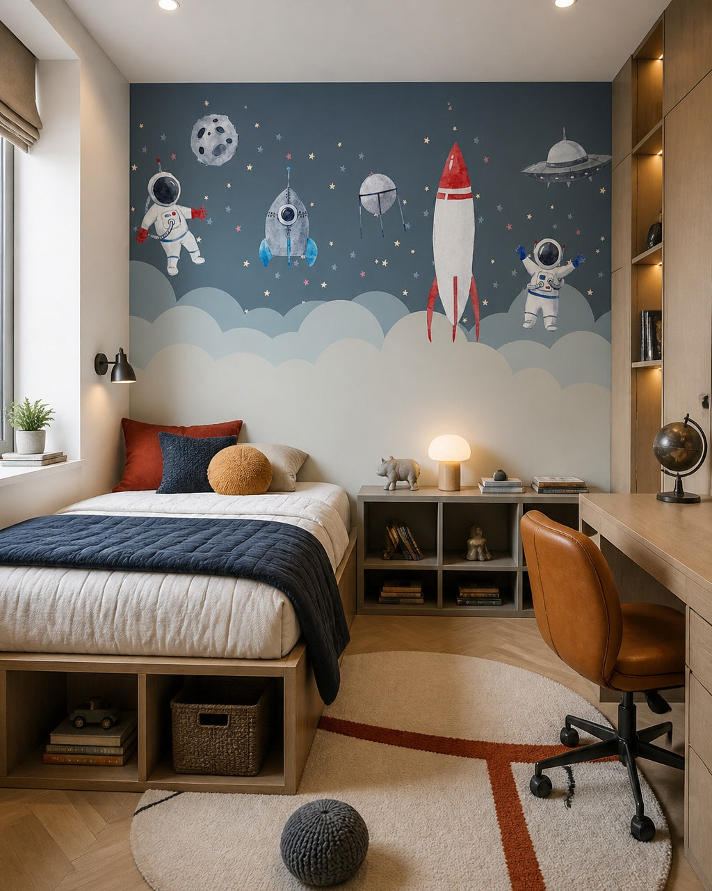 Astronauts and rockets among the stars wallpaper in a boy’s bedroom.