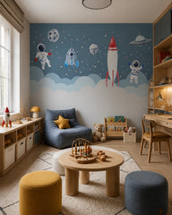Astronauts and rockets among the stars wallpaper in a children’s playroom.