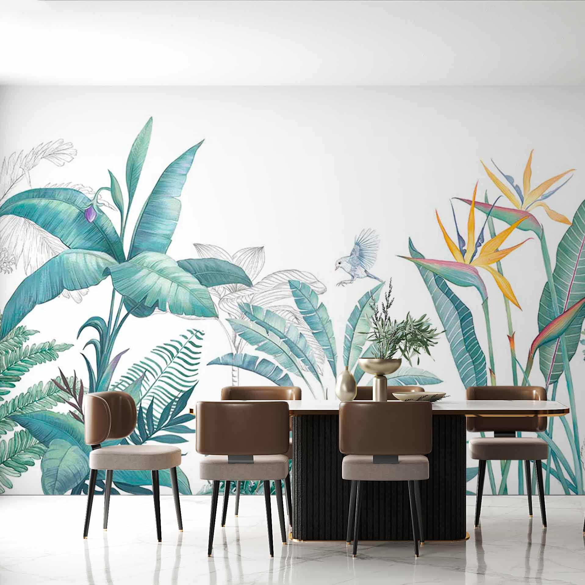 Botanical Wallpaper Plant Motifs Green Exotic Tropical Wall Mural