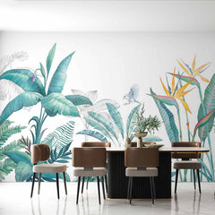 Custom Botanical Wallpaper Plant Motifs Green Exotic Tropical Wall Mural