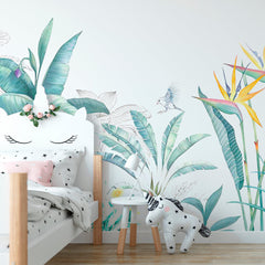 Custom Botanical Wallpaper Plant Motifs Green Exotic Tropical Wall Mural