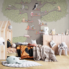 Custom Size Kids Wall Mural Tree of Life Cats Minimal Design