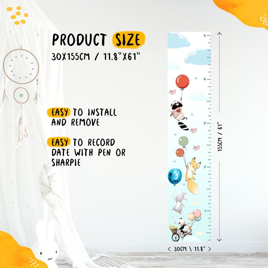 Kids' Growth Chart Peel and Stick Hot Air Balloons Animals Fox Bunny Panda Raccoon