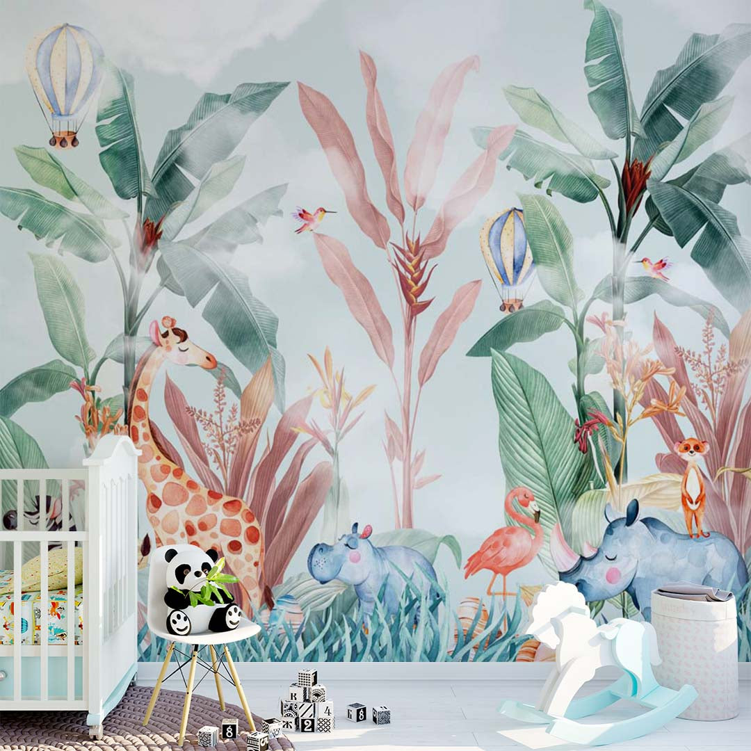 Kids Wall Mural Jungle Dream Tropical Palm Safari Animals Wallpaper for Kids Room