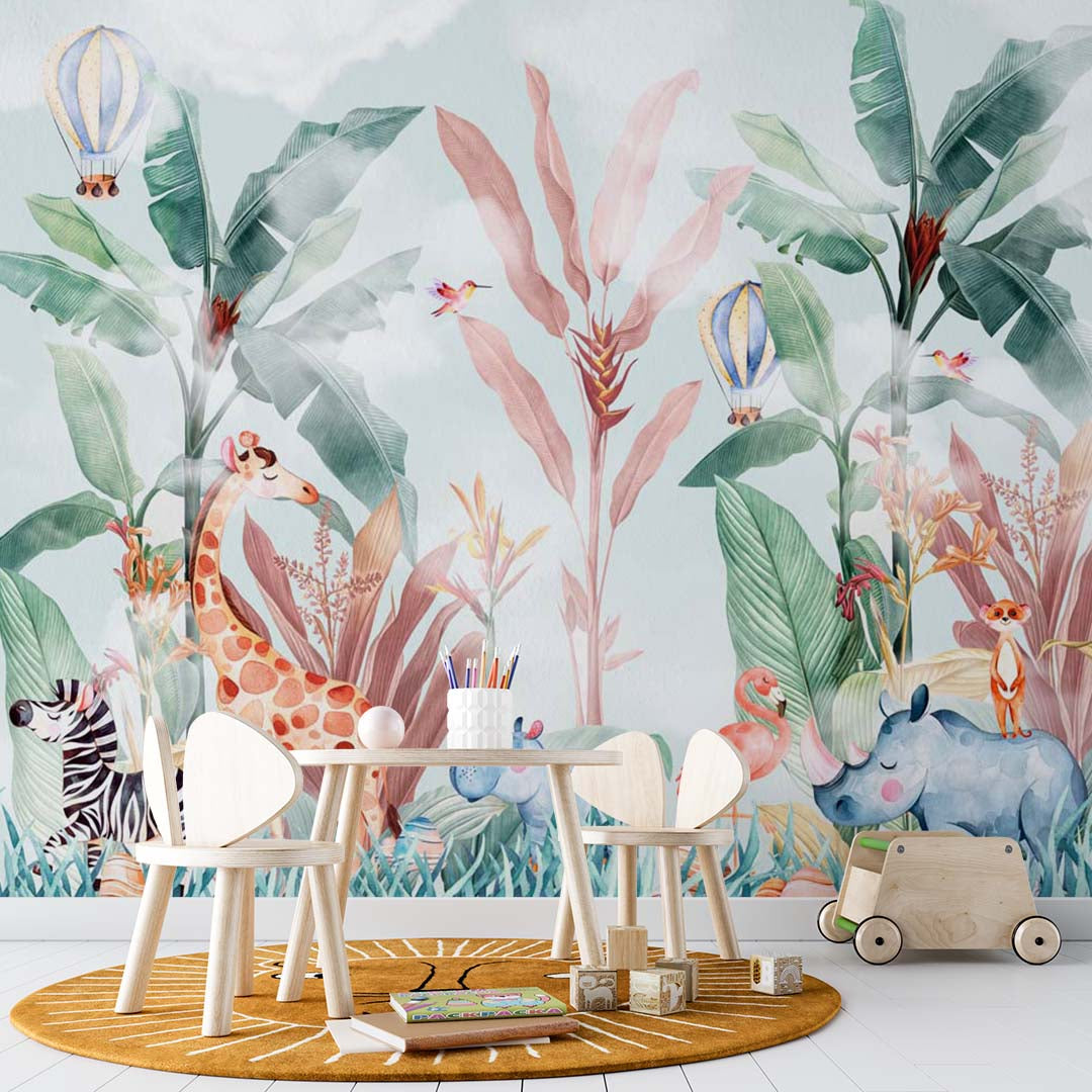 Kids Wall Mural Jungle Dream Tropical Palm Safari Animals Wallpaper for Kids Room