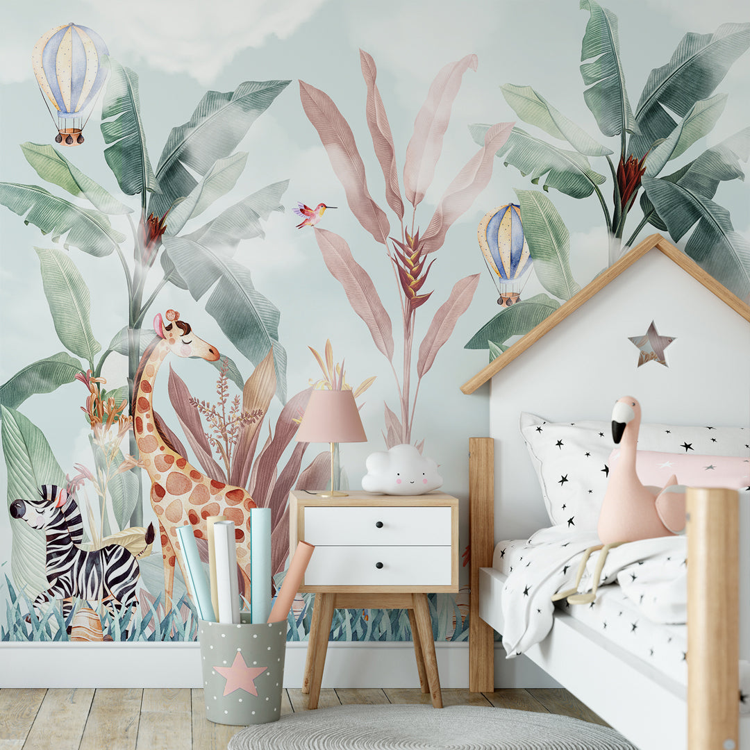 Pastell-Safaritiere-Tapete – tropische Kinder-Fototapete mit Nashorn, Nilpferd und Flamingo