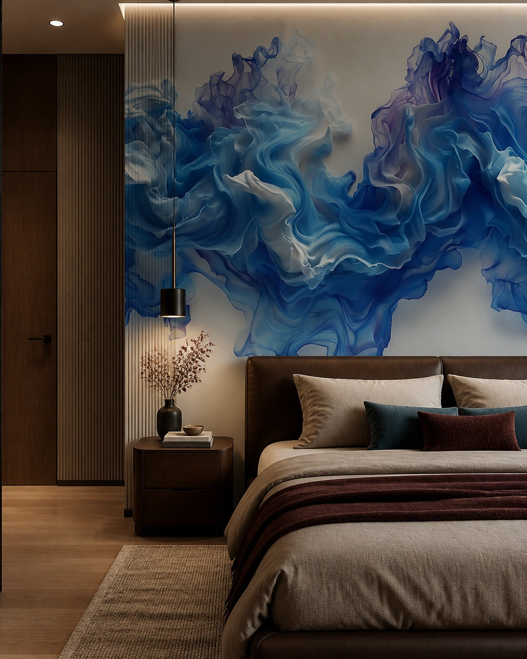 Blue smoke wallpaper in a designer bedroom.