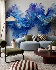 Blue smoke wallpaper in a designer living room.