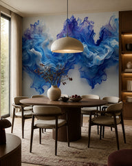 Blue smoke wallpaper in a refined dining area.