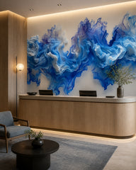 Blue smoke wallpaper at a hotel reception desk.