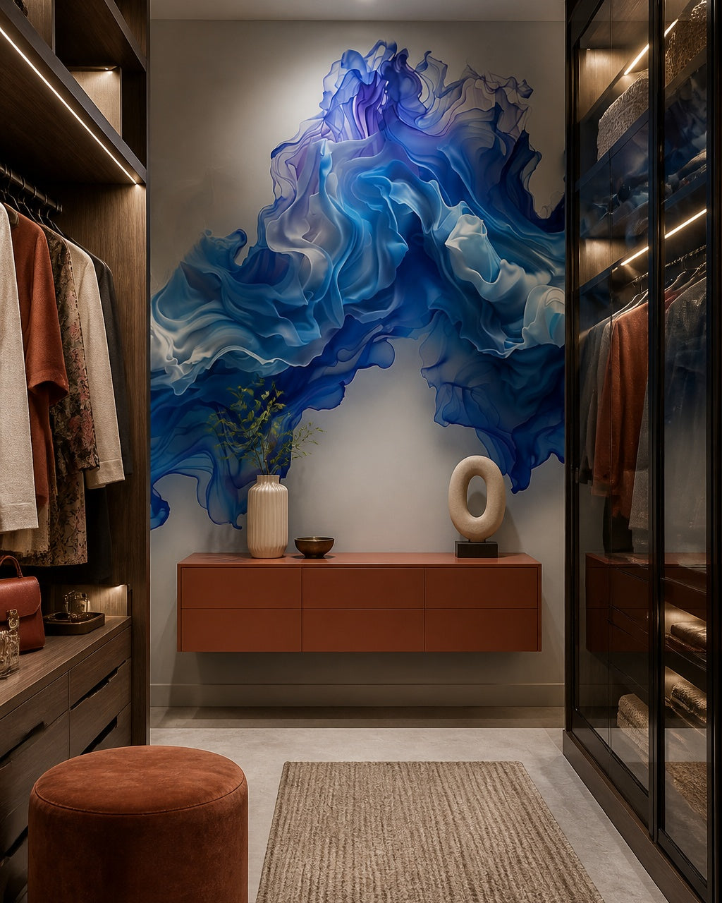 Blue smoke wallpaper in a dressing room.