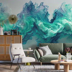 Custom Abstract Wall Mural Ink in Water Teal Blue Colorful Smoke Wallpaper