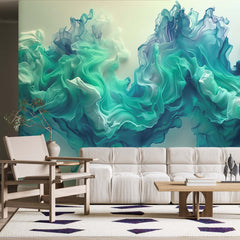 Custom Abstract Wall Mural Ink in Water Teal Blue Colorful Smoke Wallpaper