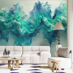 Custom Abstract Wall Mural Ink in Water Teal Blue Colorful Smoke Wallpaper