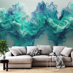 Custom Abstract Wall Mural Ink in Water Teal Blue Colorful Smoke Wallpaper